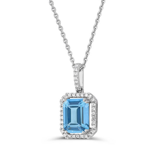10K White Gold Swiss Blue Topaz and Genuine White Zircon Pendant Necklacev 18"