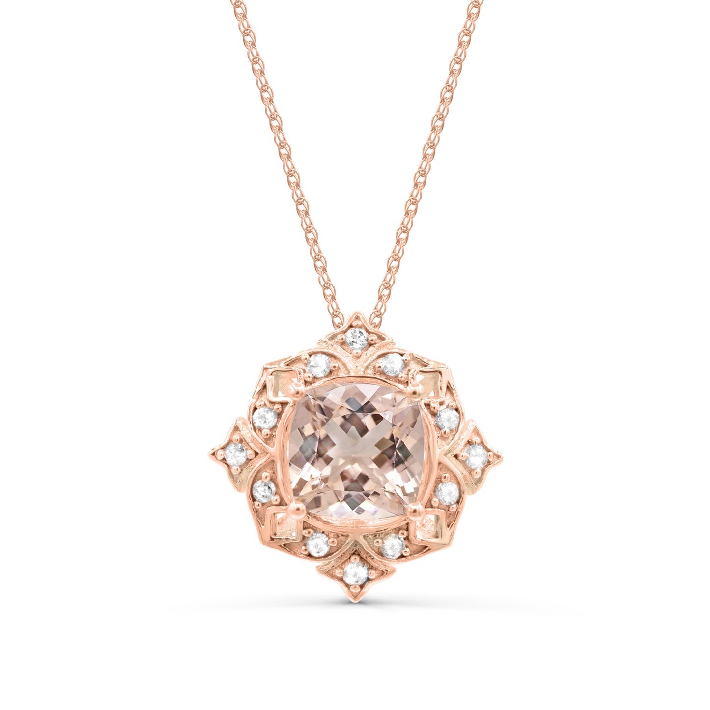 10K Rose Gold Morganite with Diamond Pendant Necklace 18"