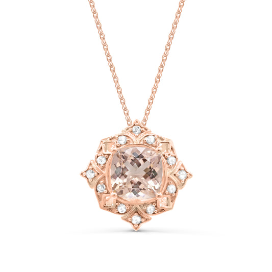 10K Rose Gold Morganite with Diamond Pendant Necklace 18"