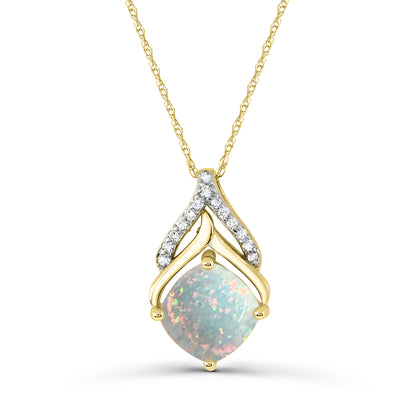 10K Yellow Gold Opal and Diamond Pendant Necklace 18"