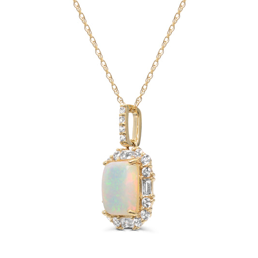 10K Yellow Gold Opal with White Zircon Pendant Necklace 18"
