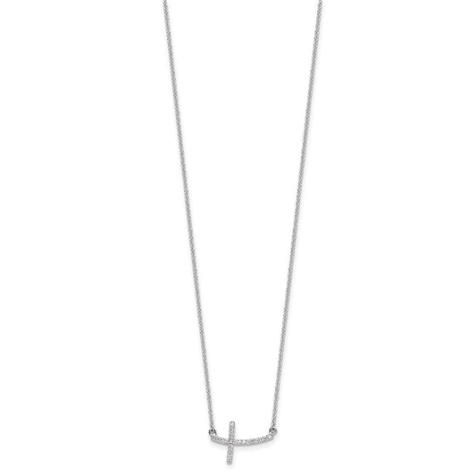 14k White Gold 1/10 Ct Diamond Curved Sideways Cross Necklace 18"
