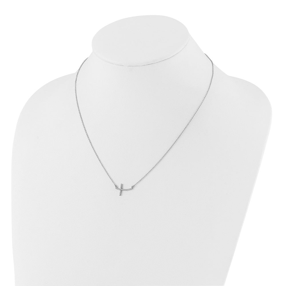 14k White Gold 1/10 Ct Diamond Curved Sideways Cross Necklace 18"