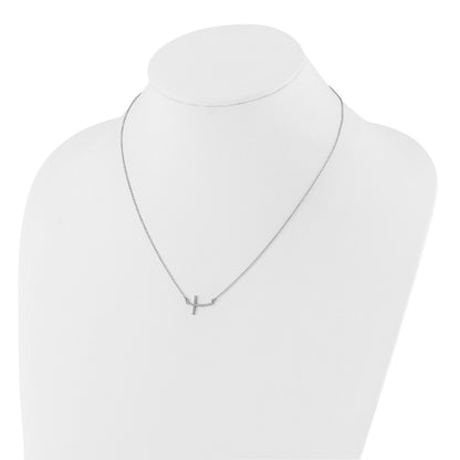 14k White Gold 1/10 Ct Diamond Curved Sideways Cross Necklace 18"