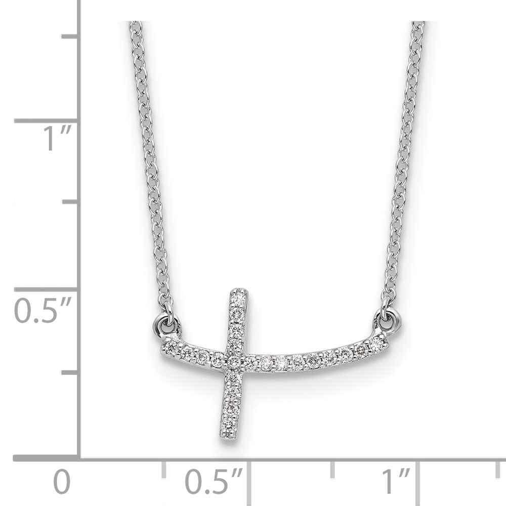 14k White Gold 1/10 Ct Diamond Curved Sideways Cross Necklace 18"