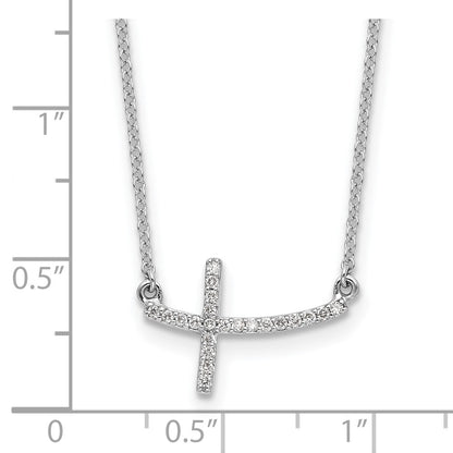 14k White Gold 1/10 Ct Diamond Curved Sideways Cross Necklace 18"