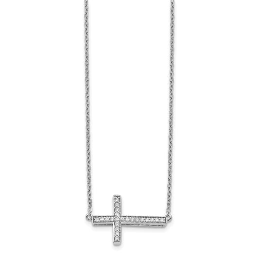 14k White Gold 1/6 Ct Diamond Sideways Cross Necklace 18"