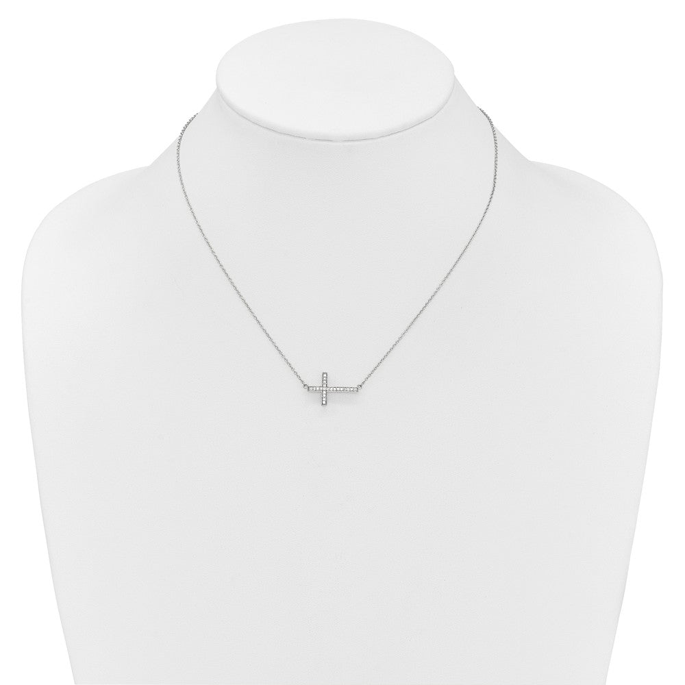 14k White Gold 1/6 Ct Diamond Sideways Cross Necklace 18"