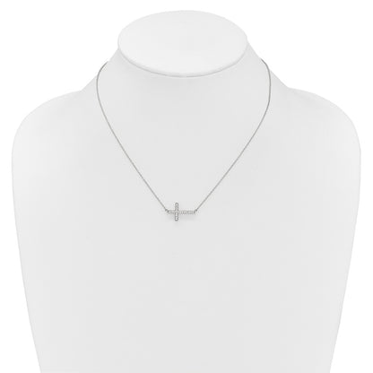 14k White Gold 1/6 Ct Diamond Sideways Cross Necklace 18"