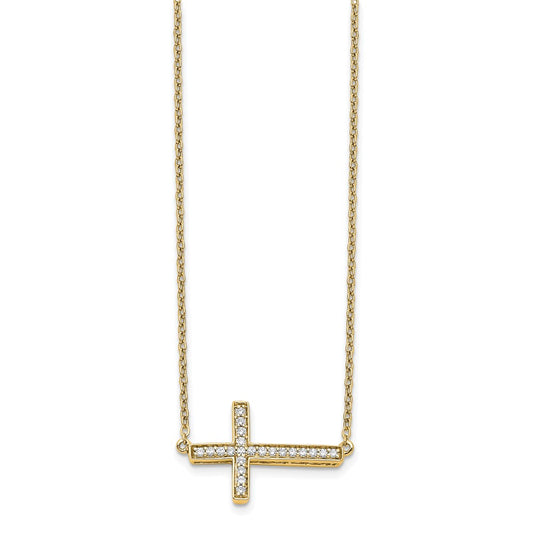14k Yellow Gold Polished 1/6 Ct Diamond Sideways Cross Necklace 18"