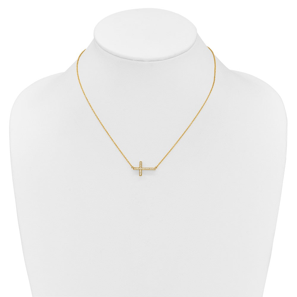 14k Yellow Gold Polished 1/6 Ct Diamond Sideways Cross Necklace 18"