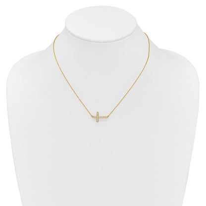 14k Yellow Gold Polished 1/6 Ct Diamond Sideways Cross Necklace 18"