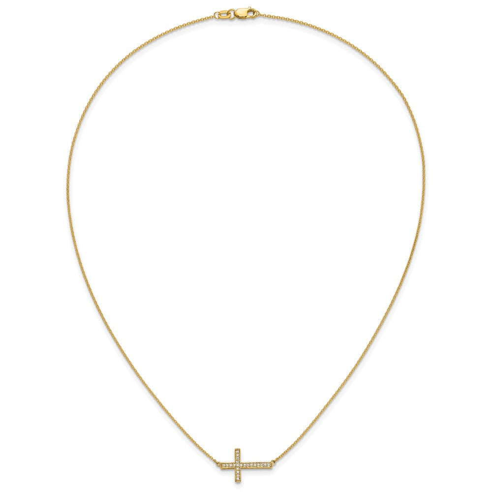 14k Yellow Gold Polished 1/6 Ct Diamond Sideways Cross Necklace 18"
