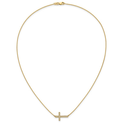14k Yellow Gold Polished 1/6 Ct Diamond Sideways Cross Necklace 18"