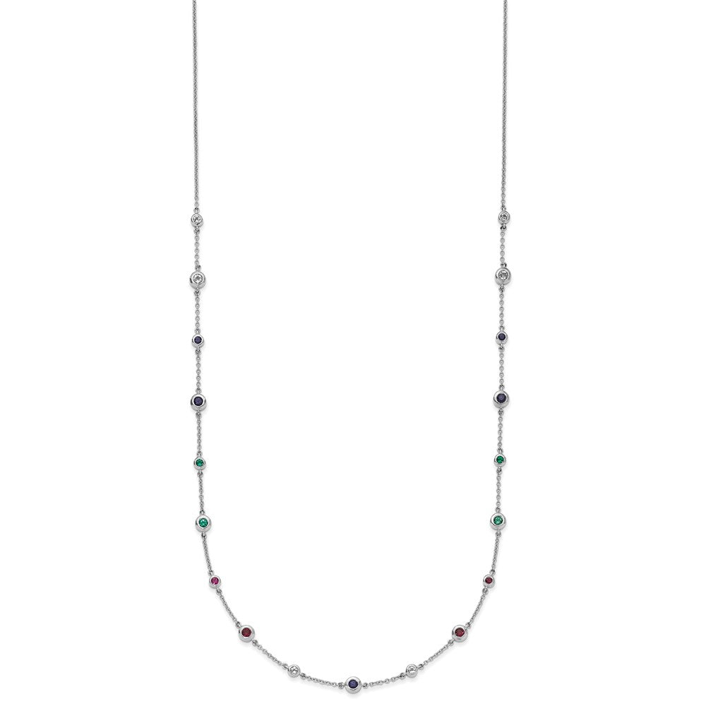 14k White Gold Ruby Sapphire Emerald Topaz Station Necklace 18"