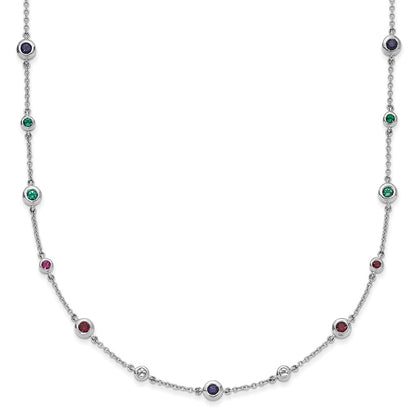 14k White Gold Ruby Sapphire Emerald Topaz Station Necklace 18"