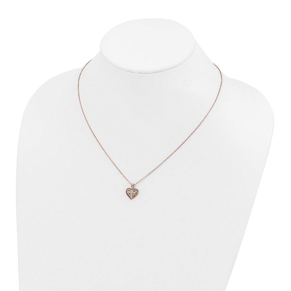 10K Rose Gold Diamond Heart Cross Pendant Necklace 18"