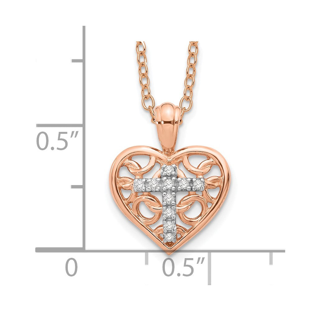 10K Rose Gold Diamond Heart Cross Pendant Necklace 18"