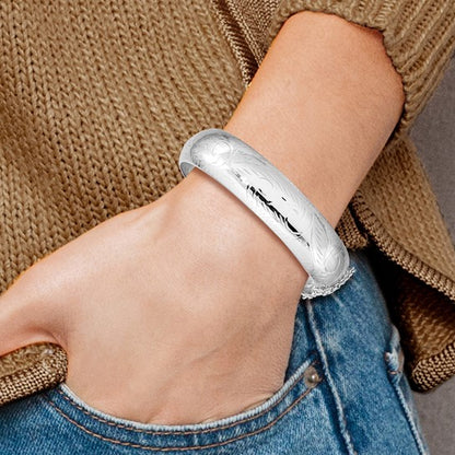 Sterling Silver Diamond-Cut 15mm Fancy Hinged Bangle Bracelet