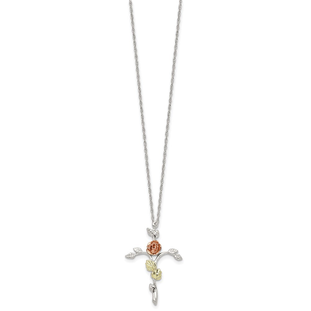 Sterling Silver 12K Gold Accents Floral Cross Spring Ring Clasp Necklace 18"