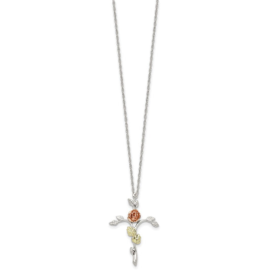 Sterling Silver 12K Gold Accents Floral Cross Spring Ring Clasp Necklace 18"