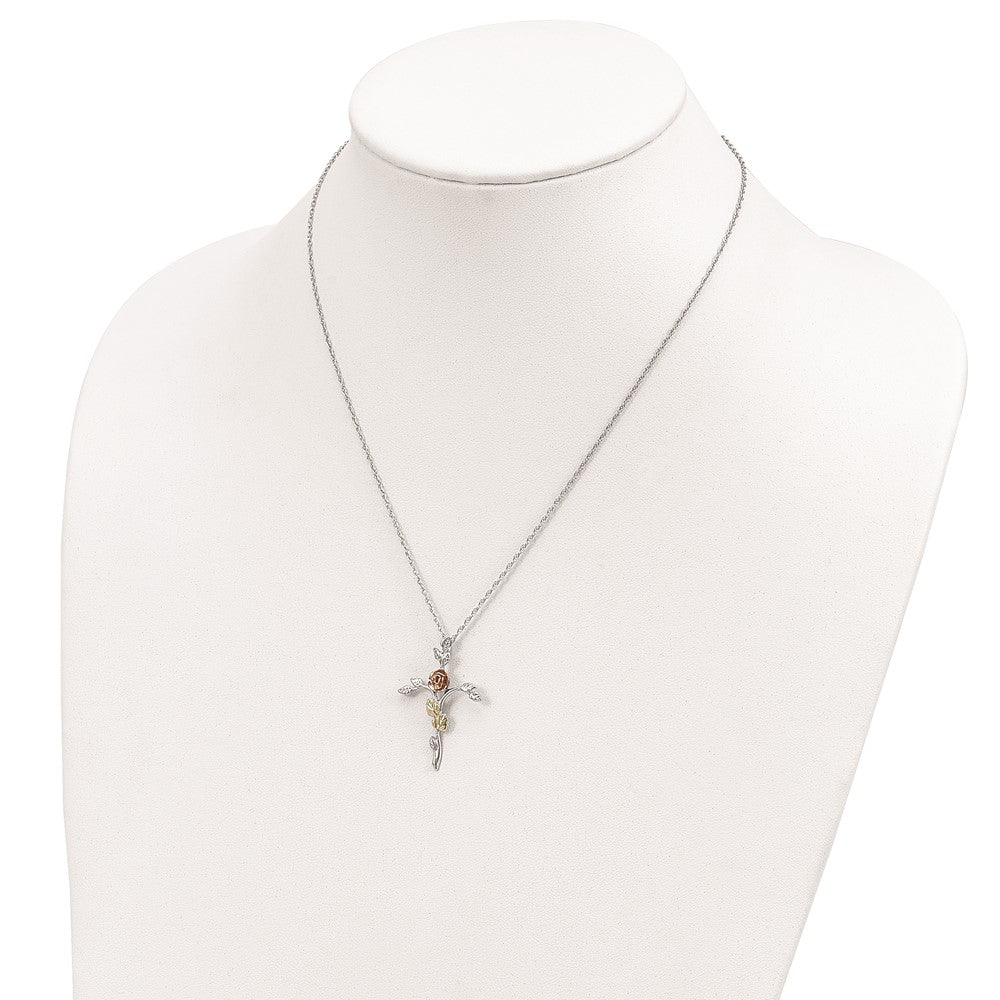 Sterling Silver 12K Gold Accents Floral Cross Spring Ring Clasp Necklace 18"