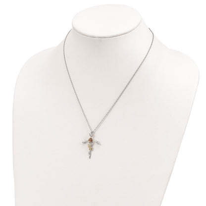 Sterling Silver 12K Gold Accents Floral Cross Spring Ring Clasp Necklace 18"