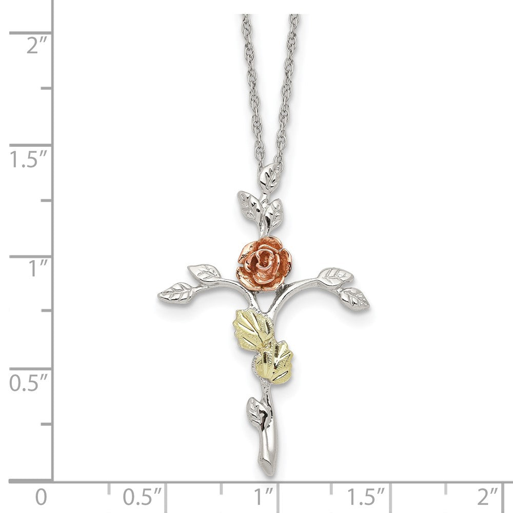 Sterling Silver 12K Gold Accents Floral Cross Spring Ring Clasp Necklace 18"