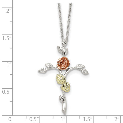 Sterling Silver 12K Gold Accents Floral Cross Spring Ring Clasp Necklace 18"