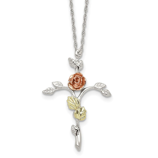 Sterling Silver 12K Gold Accents Floral Cross Spring Ring Clasp Necklace 18"