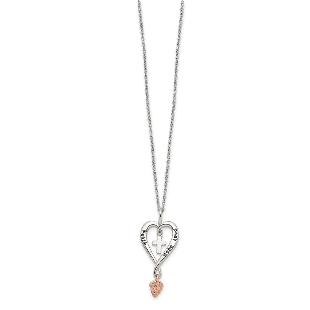 Sterling Silver 12K Gold Accents Antiqued FAITH HOPE LOVE Heart with Cross and Leaf Dangle Spring Ring Clasp Necklace 18"