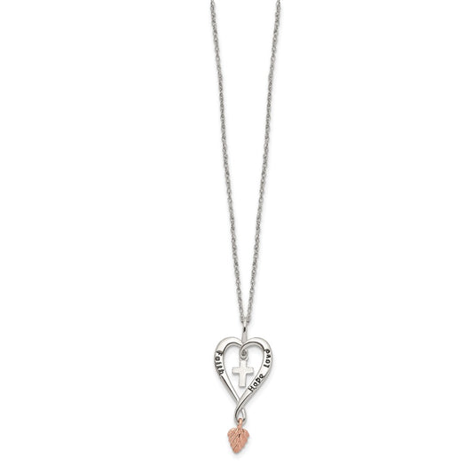 Sterling Silver 12K Gold Accents Antiqued FAITH HOPE LOVE Heart with Cross and Leaf Dangle Spring Ring Clasp Necklace 18"