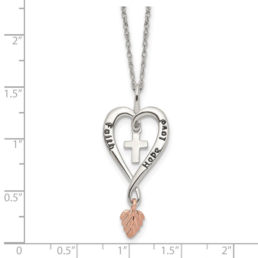 Sterling Silver 12K Gold Accents Antiqued FAITH HOPE LOVE Heart with Cross and Leaf Dangle Spring Ring Clasp Necklace 18"