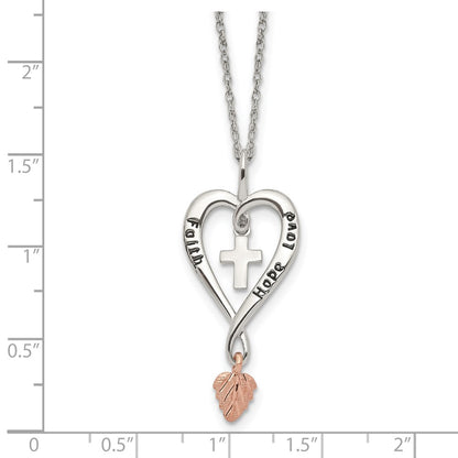 Sterling Silver 12K Gold Accents Antiqued FAITH HOPE LOVE Heart with Cross and Leaf Dangle Spring Ring Clasp Necklace 18"