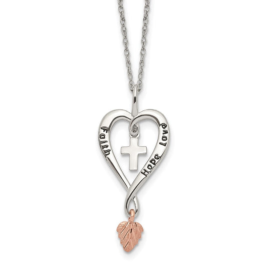 Sterling Silver 12K Gold Accents Antiqued FAITH HOPE LOVE Heart with Cross and Leaf Dangle Spring Ring Clasp Necklace 18"