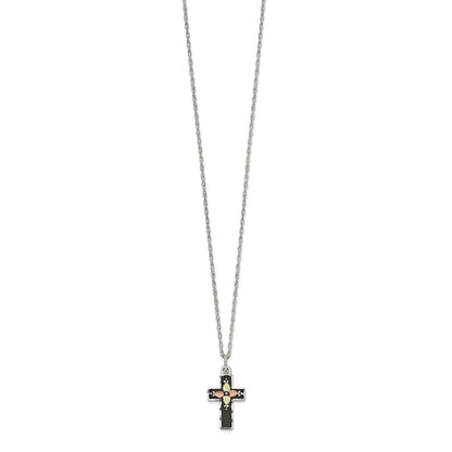 Sterling Silver 12K Gold Accents Antiqued Cross Spring Ring Clasp Necklace 18"