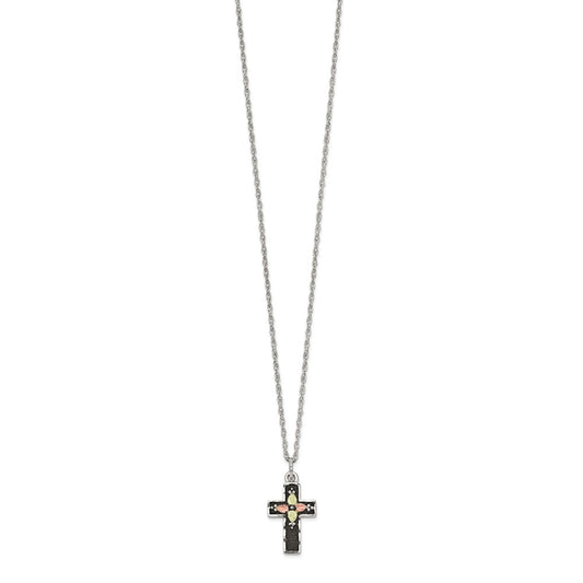 Sterling Silver 12K Gold Accents Antiqued Cross Spring Ring Clasp Necklace 18"