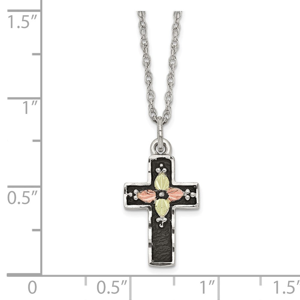 Sterling Silver 12K Gold Accents Antiqued Cross Spring Ring Clasp Necklace 18"