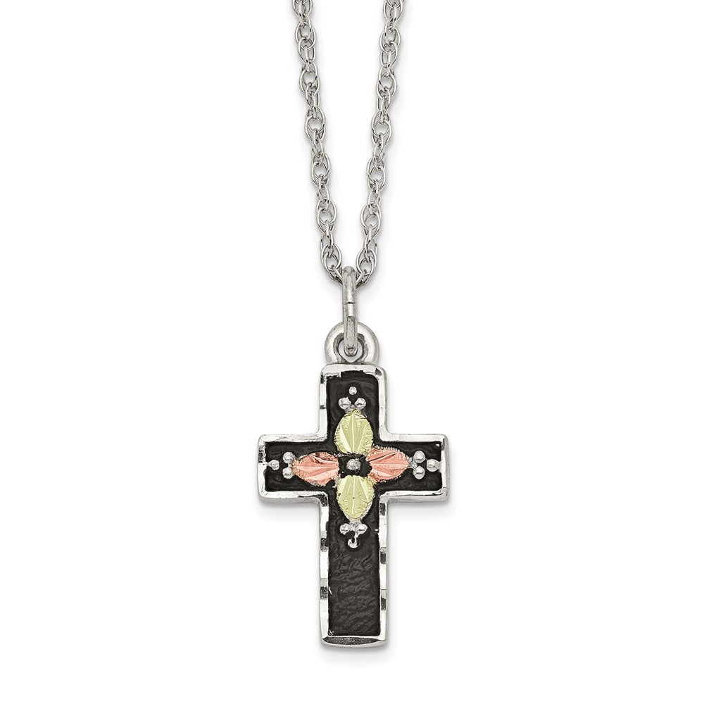 Sterling Silver 12K Gold Accents Antiqued Cross Spring Ring Clasp Necklace 18"