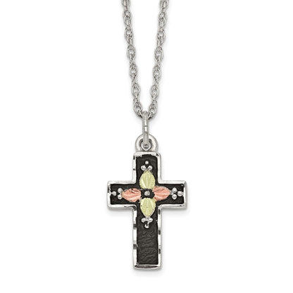 Sterling Silver 12K Gold Accents Antiqued Cross Spring Ring Clasp Necklace 18"