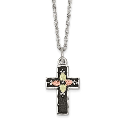 Sterling Silver 12K Gold Accents Antiqued Cross Spring Ring Clasp Necklace 18"