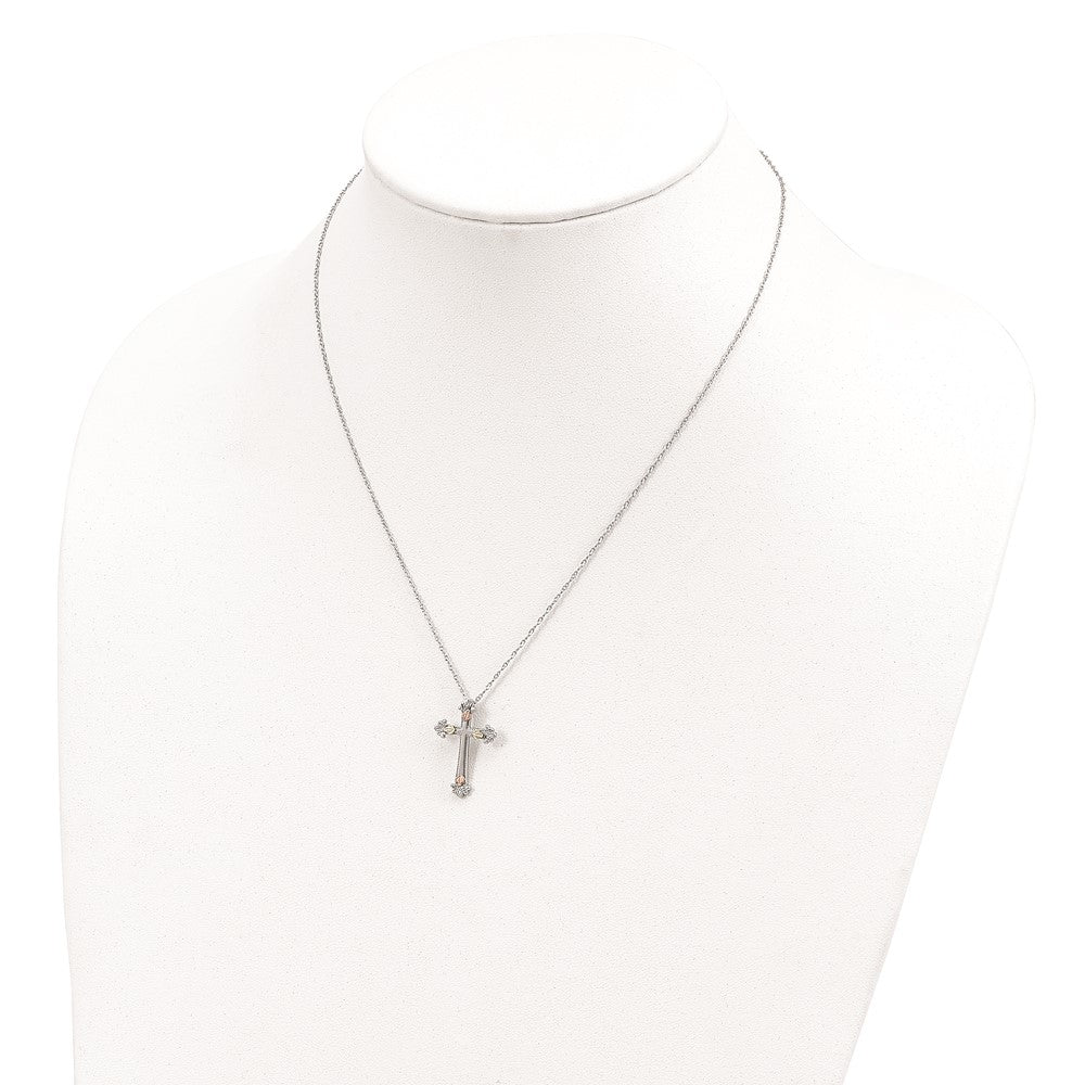 Sterling Silver 12K Gold Accents Cross Spring Ring Clasp Necklace 18"