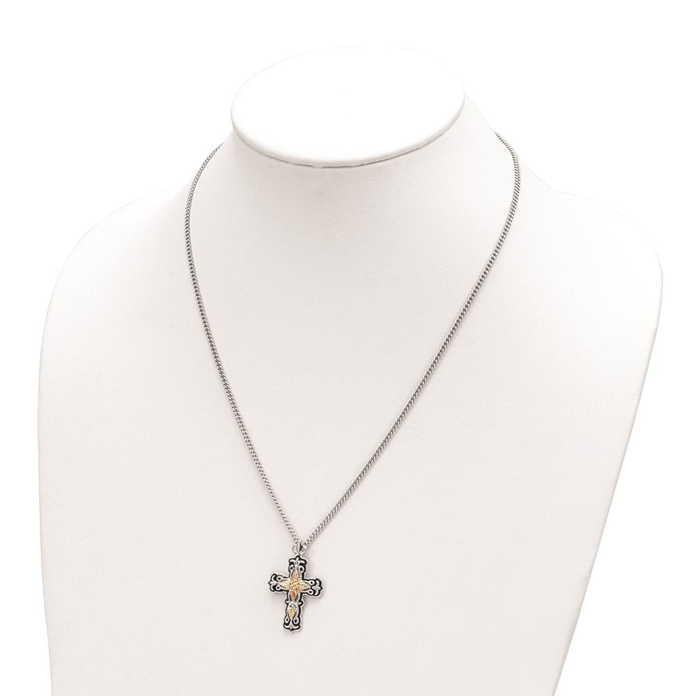 Sterling Silver 12K Gold Accents Antiqued Cross Spring Ring Clasp Necklace 20"