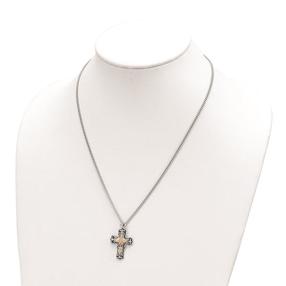 Sterling Silver 12K Gold Accents Antiqued Cross Spring Ring Clasp Necklace 20"