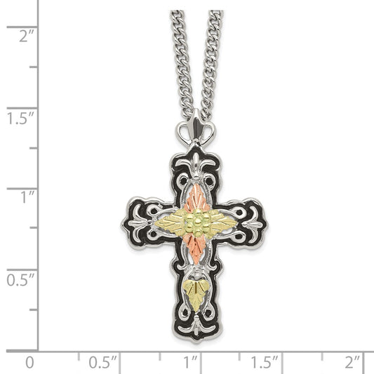 Sterling Silver 12K Gold Accents Antiqued Cross Spring Ring Clasp Necklace 20"