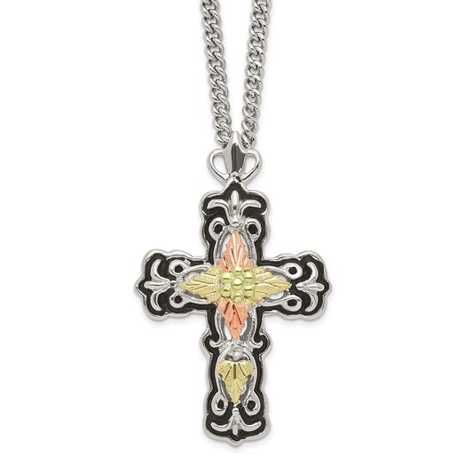 Sterling Silver 12K Gold Accents Antiqued Cross Spring Ring Clasp Necklace 20"