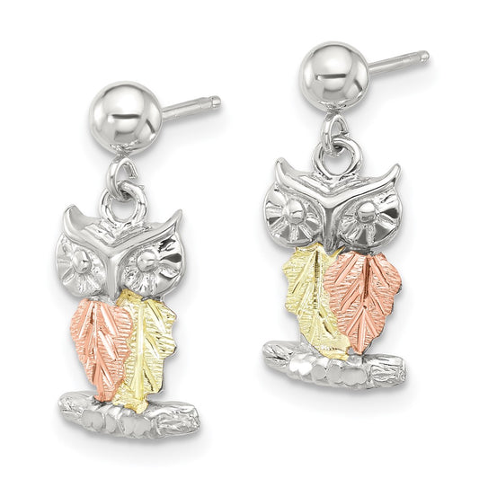 Sterling Silver Rhodium-plated 12K Accents Owl Earrings