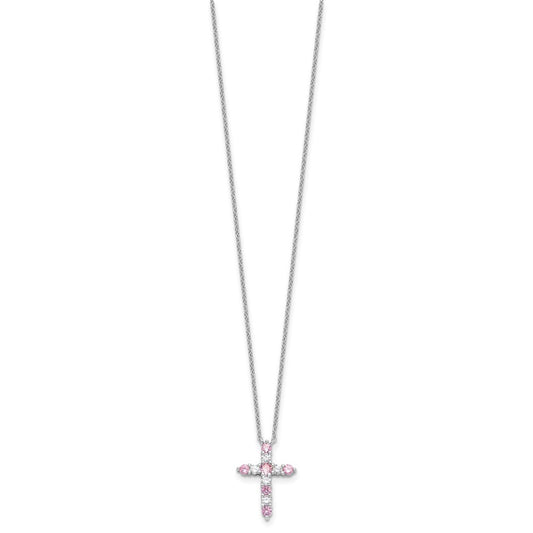 Sterling Silver Pink Cubic Zirconia Cross Pendant Necklace 17"