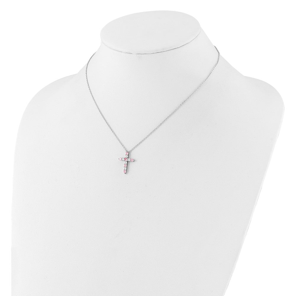 Sterling Silver Pink Cubic Zirconia Cross Pendant Necklace 17"