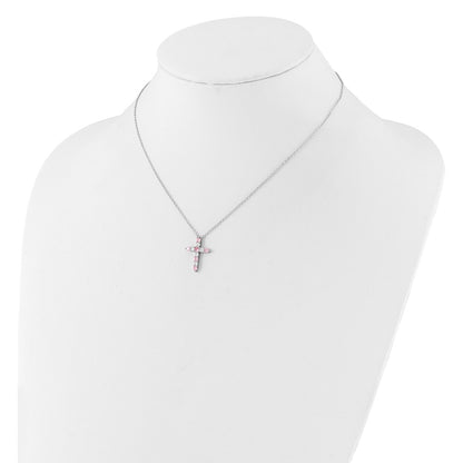 Sterling Silver Pink Cubic Zirconia Cross Pendant Necklace 17"